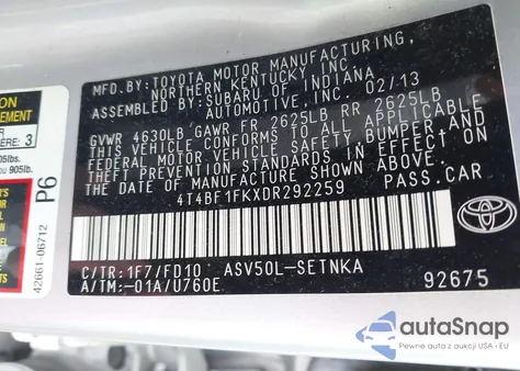 2013 Toyota Camry Le from USA, damaged, VIN 4T4BF1FKXDR292259